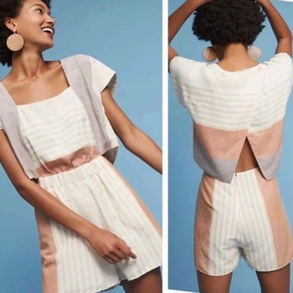 elevenses Cream and Pink Striped Linen Romper